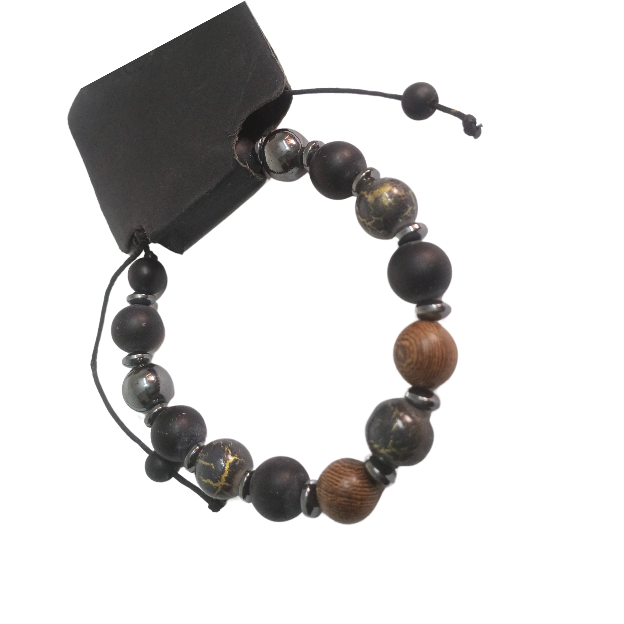 Men’s Beaded Bracelet - Natural Wood, Matte Stone & Metallic Hematite