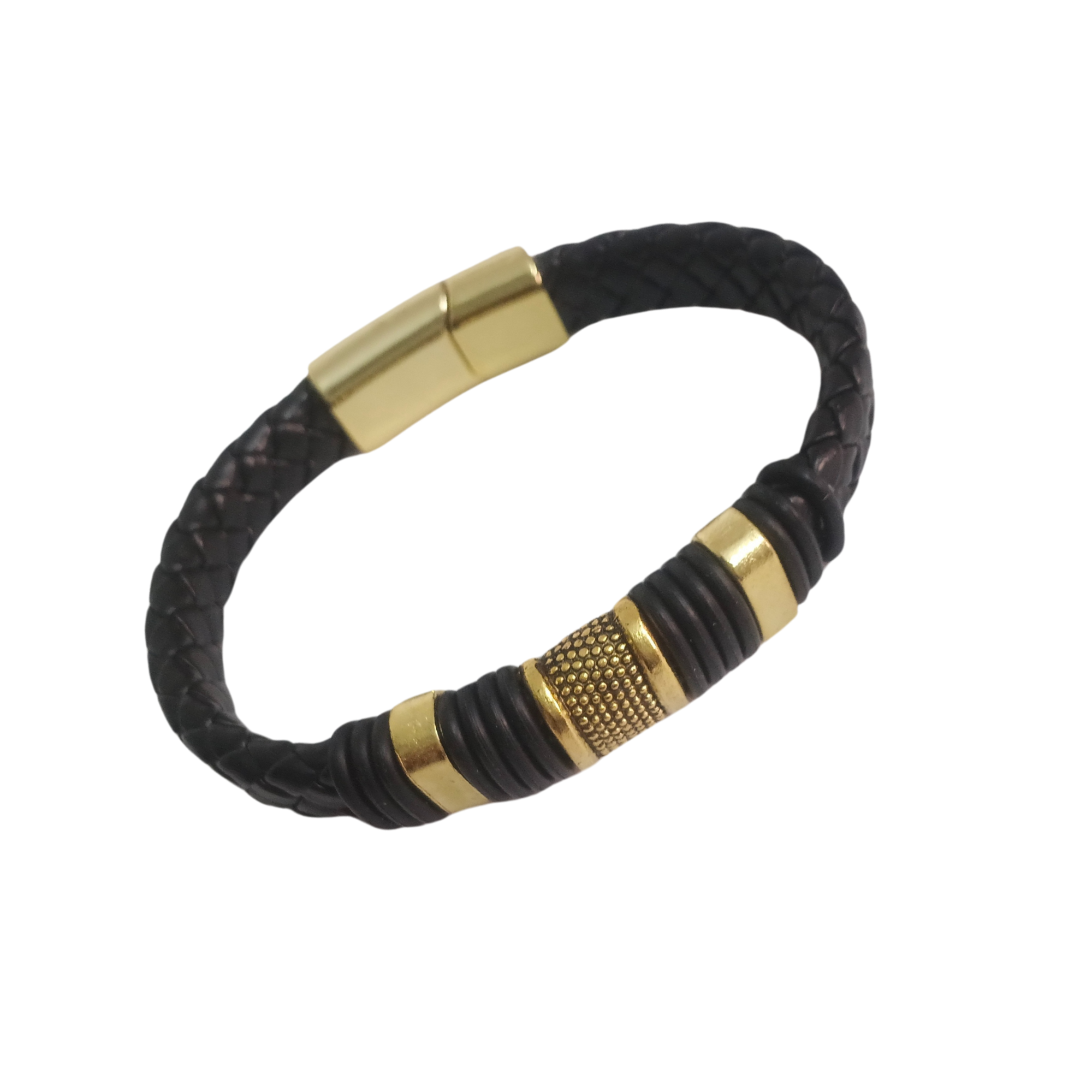 Men’s Braided Leather Bracelet with Gold-Tone Stainless Steel Accents