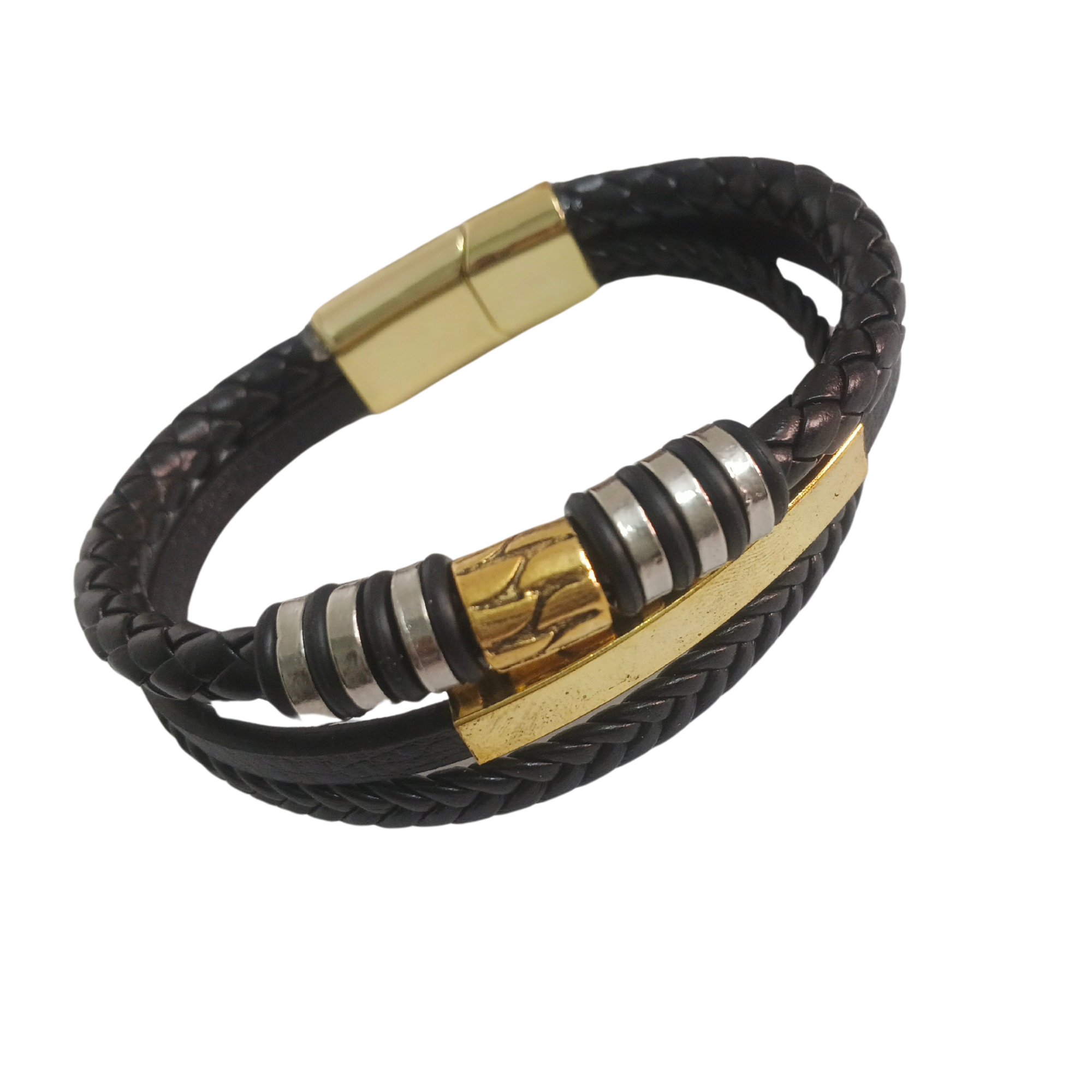 Multi-Layer Braided & Flat Leather Bracelet with Gold-Silver Tone Beads