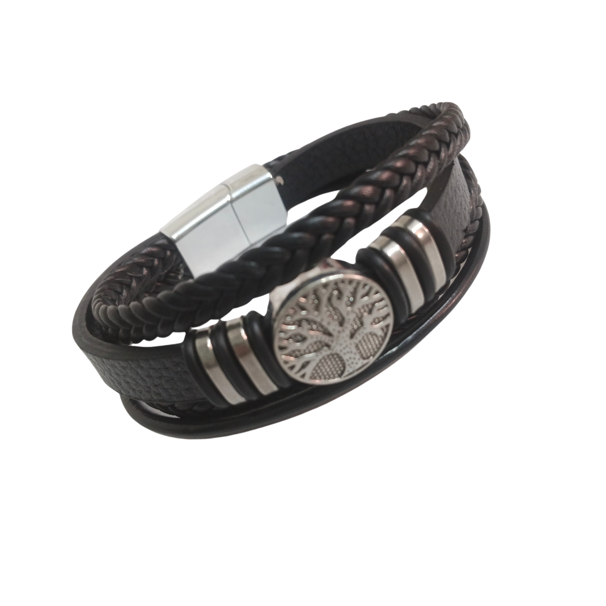 Multi-Layer Black Leather Tree of Life Bracelet