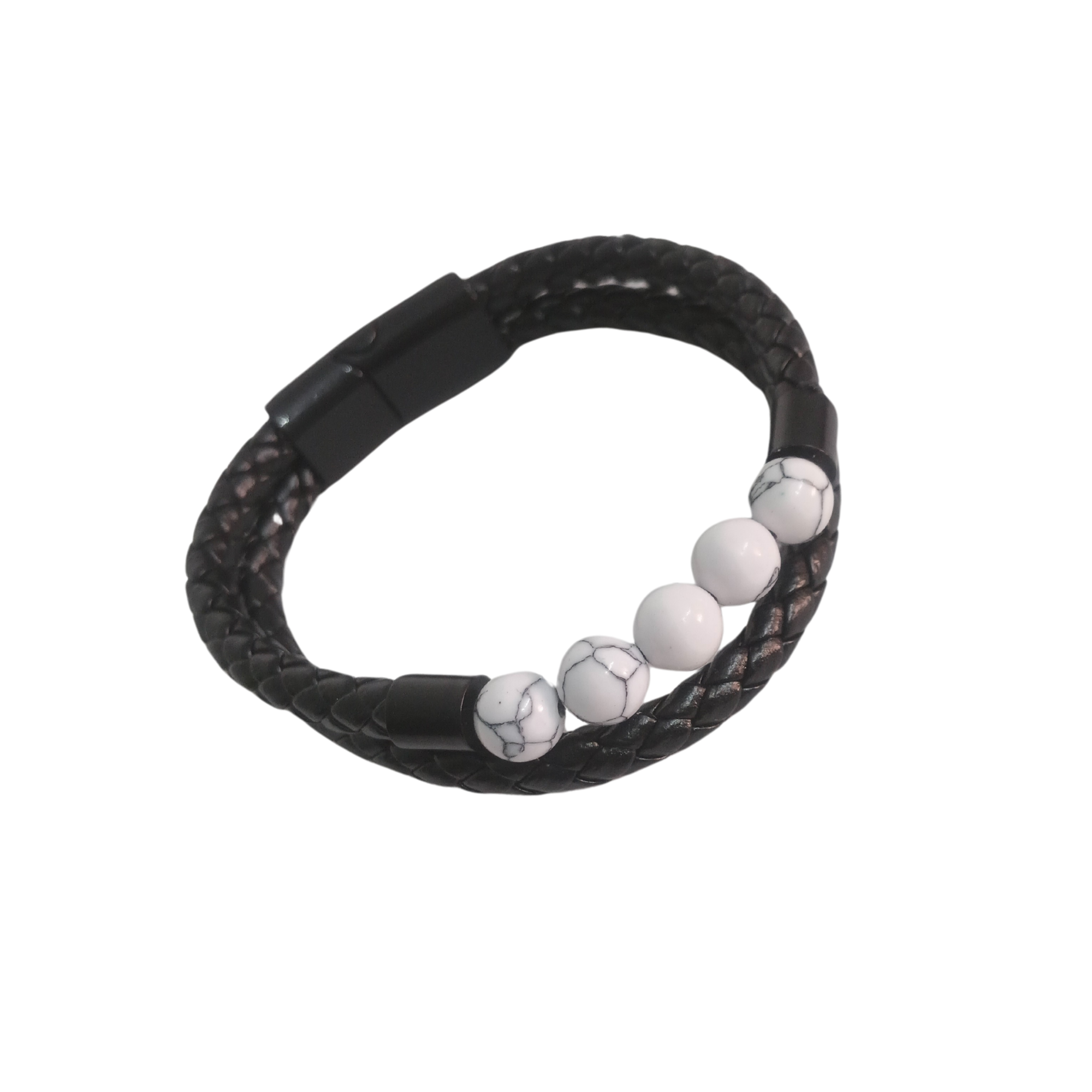 Black Double-Strand Braided Leather Bracelet with White Howlite Beads