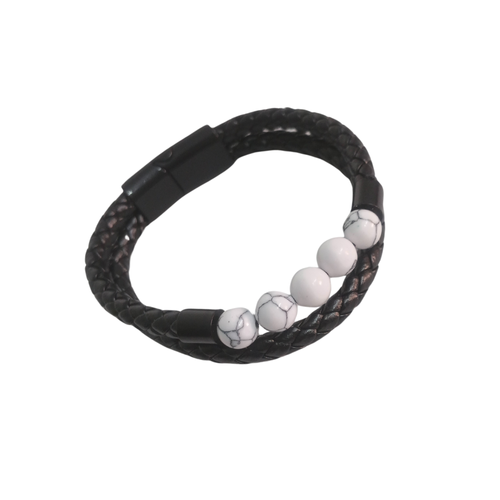 Black Double-Strand Braided Leather Bracelet with White Howlite Beads