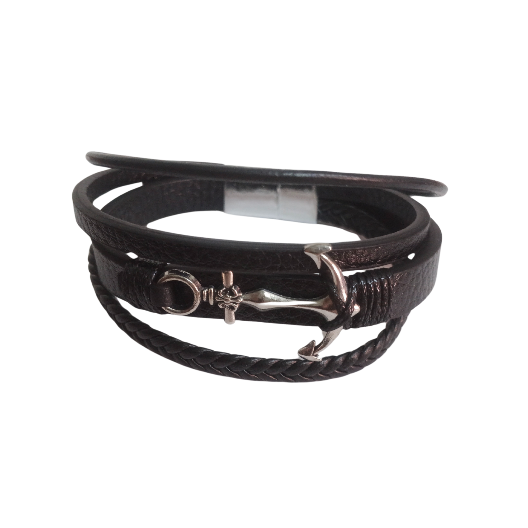 Brown & Black Leather Anchor Wrap Bracelet