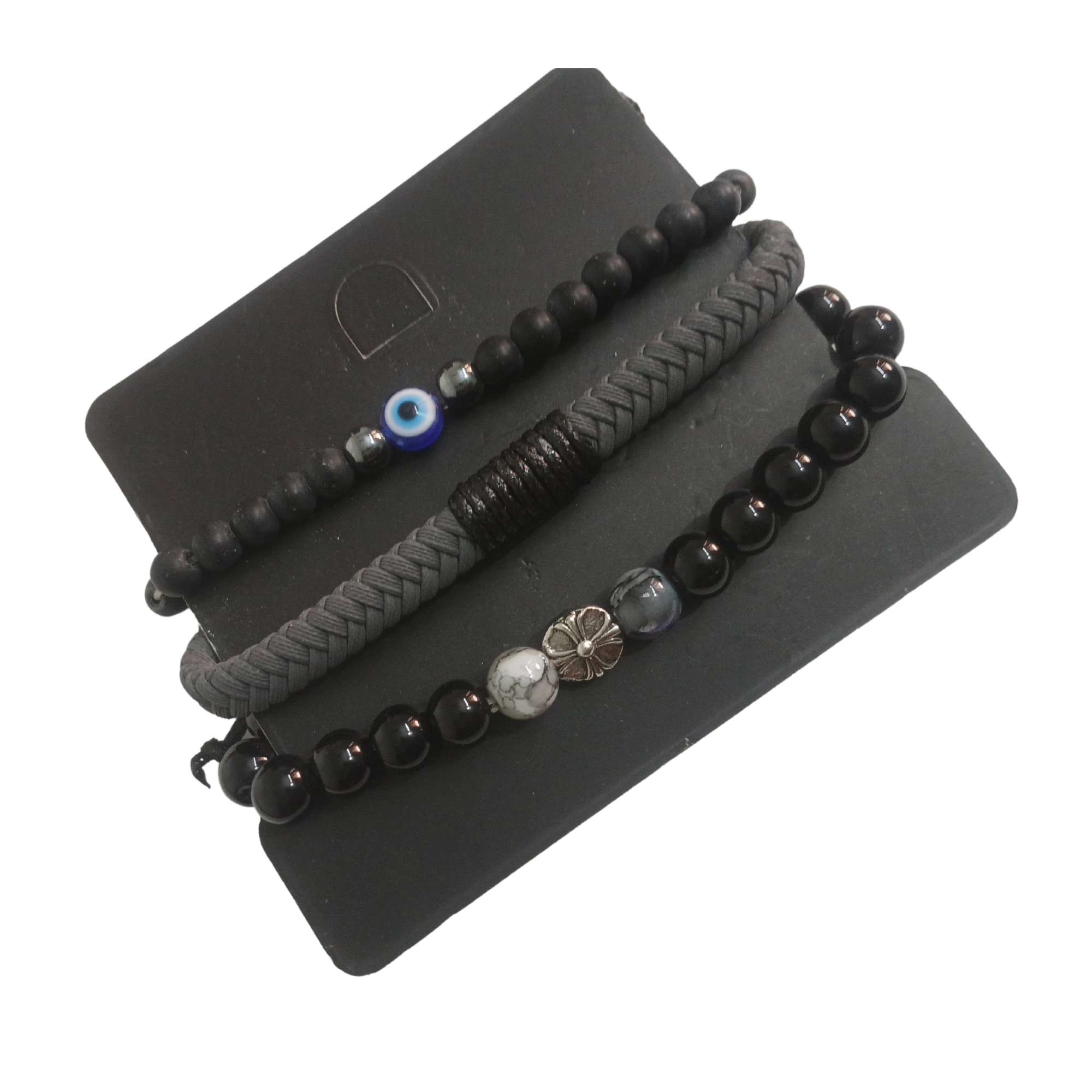 Men’s Bracelet Set - Evil Eye, Beads & Braided Leather